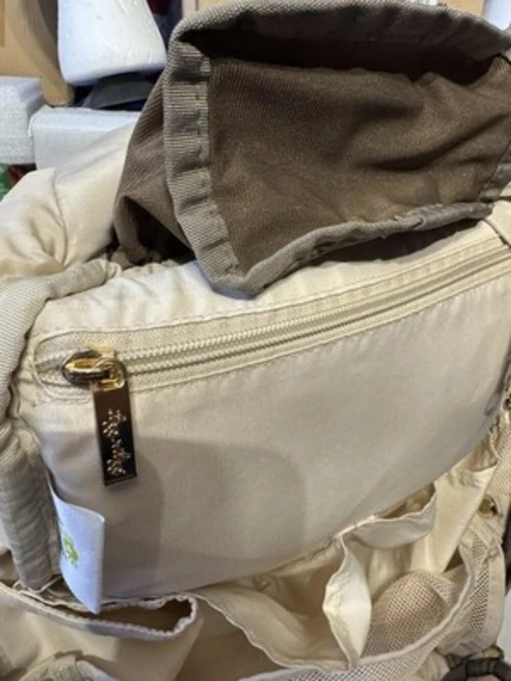 Itzy Ritzy Taupe Cream Faux Leather Chevron Diaper Backpack Bag with Pockets